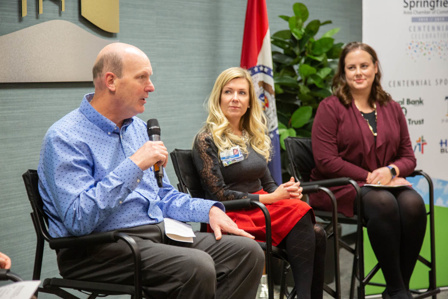 During a Springfield Area Chamber of Commerce discussion, Stephen Telscher, left, of Sapp Design Associates Architects, describes the firm’s talent attraction practices. Other panelists are CoxHealth’s Celeste Cramer and Kutak Rock’s Ashley Norgard.